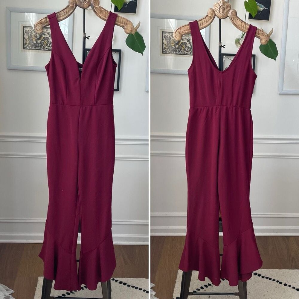 Bailey Blue Trumpet Flare Hem Jumpsuit Burgundy Plunging Neckline S